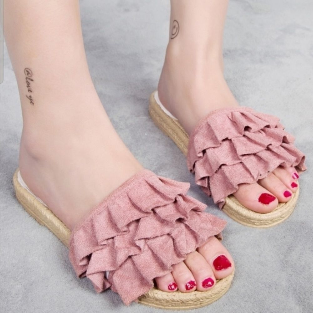 Ruffle Decor Open Toe Sliders - Picture 2 of 7